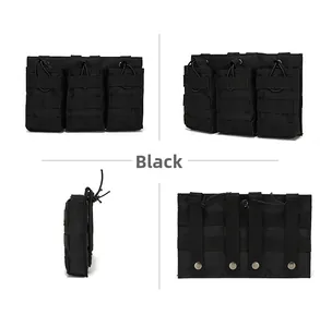Tactical black triple magazine pouch with MOLLE system webbing and elastic bungee cords