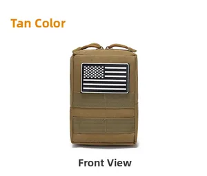 Vorderansicht der taktischen MOLLE-Tasche in Tan mit Doppelreißverschluss und Patch