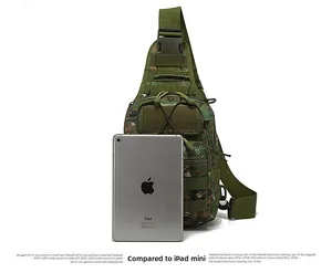 Tactical camo chest bag size comparison with an iPad mini showing compact dimensions