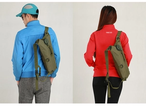 Detail view of olive green tactical hydration backpack on male and female models