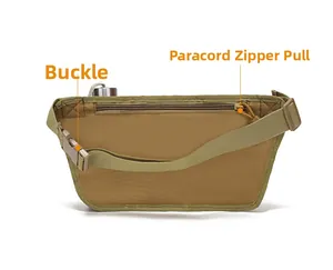 Détail du sac banane tactique kaki avec fermetures éclair paracorde et boucle robuste