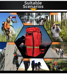 Vue détaillée du sac à dos 65L rouge avec bandes réfléchissantes et poches multiples