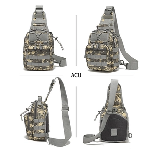 Detailed four-angle view of ACU camo tactical bag with MOLLE webbing and mesh back