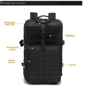 Close-up of waterproof tactical backpack showing MOLLE system and Paracord zipper pulls