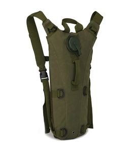Close-up of army green tactical hydration pack with adjustable straps and water inlet cap