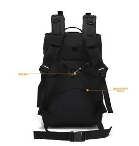 Detail of 45L hiking backpack featuring breathable mesh back panel and durable buckles