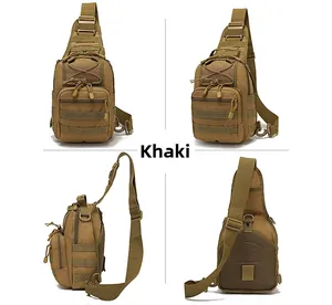 Detail view of the tan tactical chest bag showing MOLLE system and breathable mesh back