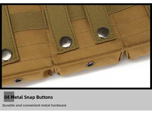 Detailed close-up of Molle pouch snap buttons and coyote brown tactical nylon texture