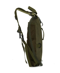 Detail view of army green tactical backpack with wide shoulder straps and D-ring hooks