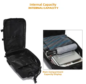 Internal capacity of black 45L hiking backpack with laptop compartment and mesh pocket