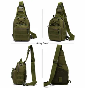 Detailed four-way view of army green tactical sling bag with MOLLE webbing system