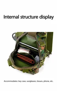 Tactical camo shoulder bag showing internal multi-layer storage and compartments