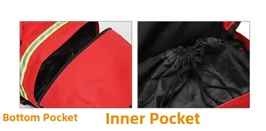 Détail du sac de sauvetage 65L rouge avec bandes réfléchissantes et poche intérieure