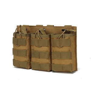 Coyote Brown tactical triple magazine pouch with MOLLE system and bungee cord for AK M4