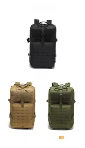 Three tactical 45L backpacks in black, tan and olive green showing MOLLE system