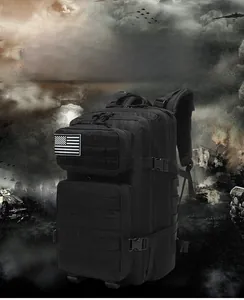 Tactical black nylon backpack with MOLLE system and flag patch for hiking or first aid use
