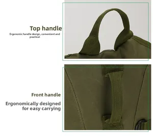 Detail of army green tactical backpack showing top handle and front carry strap with D-ring