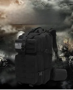 Detail showing tactical backpack with MOLLE system and American flag patch in battlefield setting