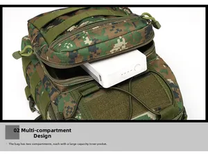 Macro view of tactical camo waist bag with double compartments showing power bank storage