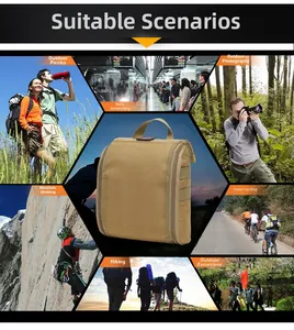 Detailed views of khaki tactical MOLLE pouch for hiking, commuting and medical use