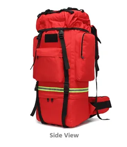 Vue latérale d'un sac à dos de 65L rouge avec bandes réfléchissantes et ceinture