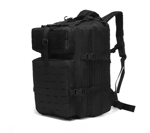 Side view of 45L tactical hiking backpack showing laser-cut MOLLE system and side straps