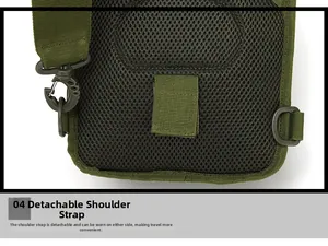 Detail of army green tactical bag showing breathable mesh and detachable swivel strap hooks