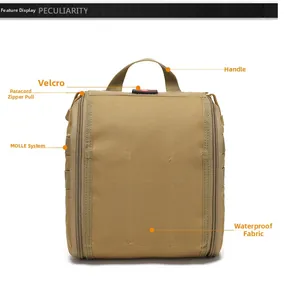 Detail view of tactical first aid pouch with MOLLE system and waterproof fabric features