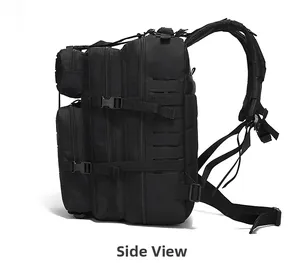 Side view of 45L black tactical backpack with MOLLE system and padded shoulder straps