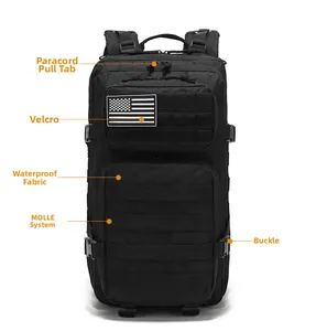 Detail of waterproof nylon tactical backpack with MOLLE system and velcro flag patch