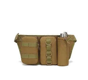 Vue avant de la sacoche tactique tan avec poches zippées et porte-bouteille latéral