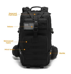 Detail view of black tactical backpack with MOLLE system and waterproof nylon fabric
