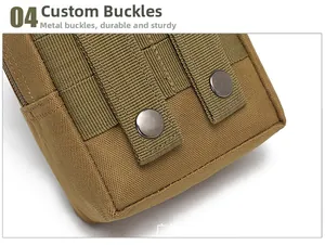 Makro-Detail der taktischen Tasche in Khaki mit Oxford-Gewebe und MOLLE-System-Bändern