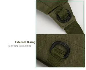 Detail view of durable tactical backpack shoulder strap with heavy-duty D-ring and stitching