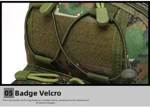 Detail of tactical camouflage bag with olive green hook-and-loop patch and nylon texture