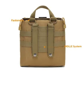 Detail view of tactical MOLLE system with snap straps and D-rings on nylon pouch