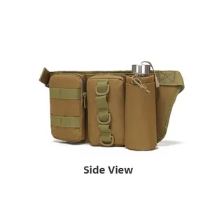 Vue latérale du sac banane tactique marron loup avec compartiment pour bouteille d'eau