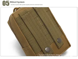 Detail der taktischen Khaki-Tasche Rückseite mit MOLLE-System und Metall-Druckknöpfen