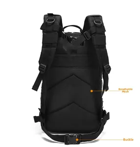 Detail view of breathable mesh back panel and sturdy buckles on the tactical backpack