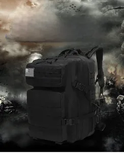 Tactical medical first aid kit with MOLLE system and US flag patch in outdoor scene
