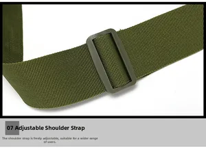 Detail of army green nylon shoulder strap with a grey adjustable plastic buckle