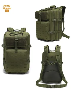 Front, side, and back views of army green 45L tactical backpack with MOLLE laser cutting