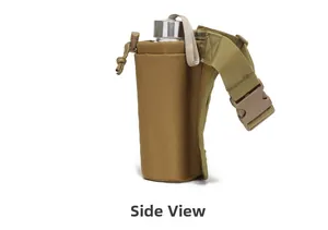 Vue latérale de la pochette tactique pour gourde en nylon kaki avec cordon serrage