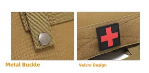 Detail of military tactical pouch featuring durable hardware buckle and red cross velcro