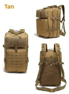 Three views of 45L tan tactical hiking backpack showing MOLLE system and mesh back padding