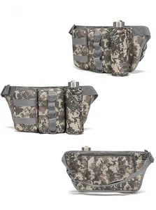 Vue détaillée de la sacoche tactique camouflage ACU avec porte-bouteille et sangles MOLLE