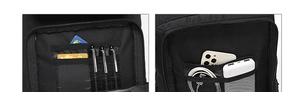 Detailed interior compartments of a tactical backpack showing pen slots and mesh pockets
