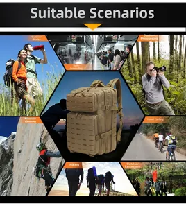 Sac à dos tactique kaki avec système MOLLE laser présenté dans diverses activités plein air