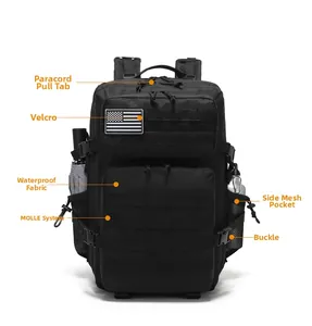 Detailed view of waterproof tactical backpack with MOLLE system and velcro flag patch