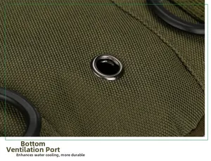 Detail of army green tactical backpack base featuring metal drainage vents and D-ring hooks
